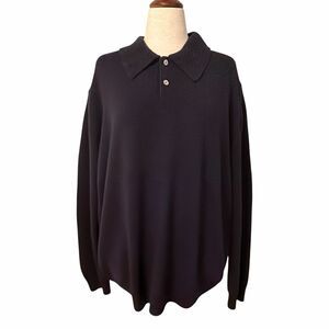 Henry Cotton’s Men XL 100% Merino Wool Knit Polo Sweater Navy Blue Long Sleeve